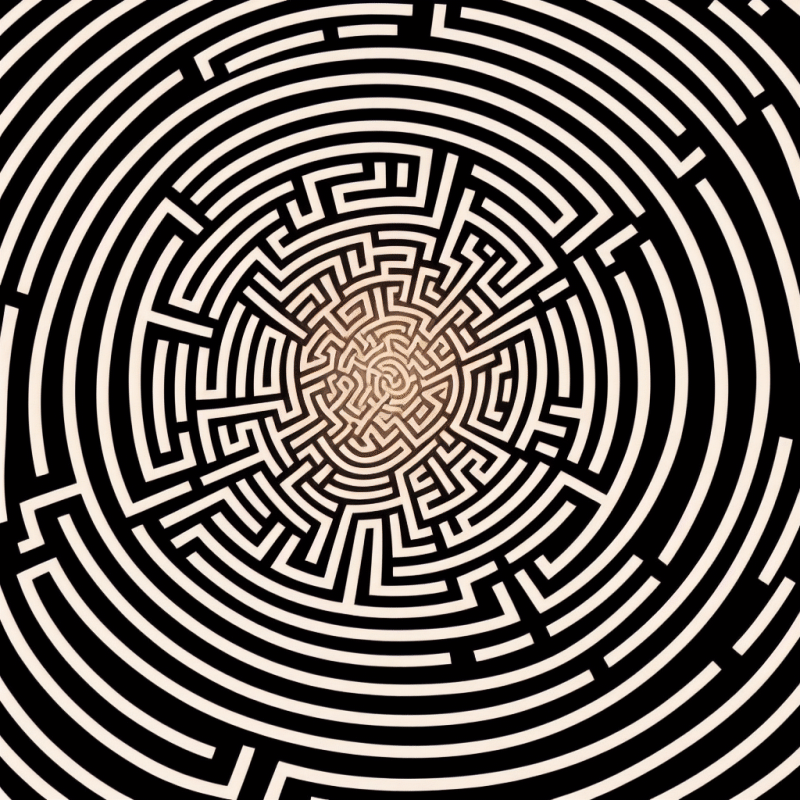 A seemingly unsolvable maze with a faint glow at its center, symbolizing the determination to break barriers and achieve the impossible.